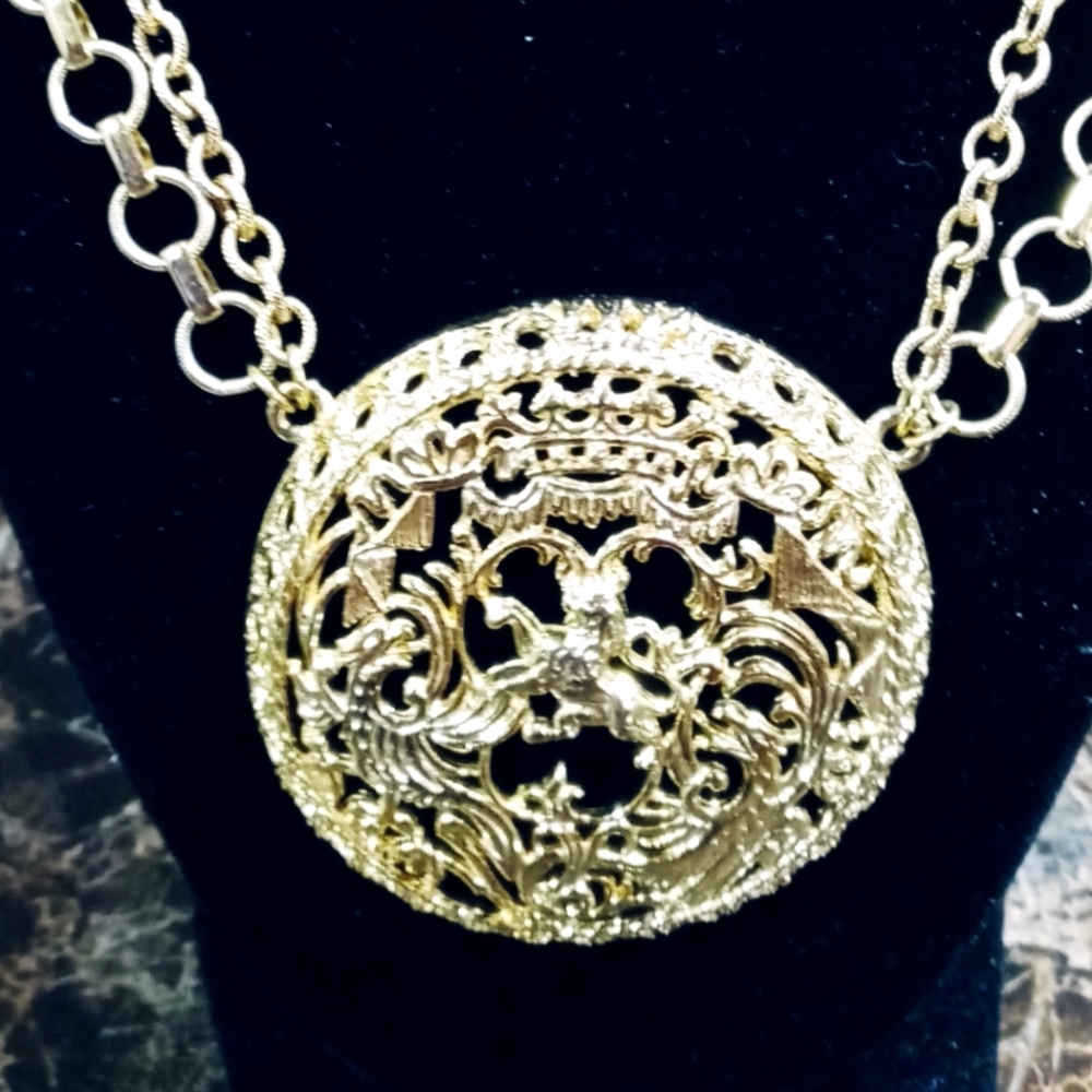 Vintage NAPIER Phoenix and Lion Medallion Pendant Gold Tone Double Chain Choker
